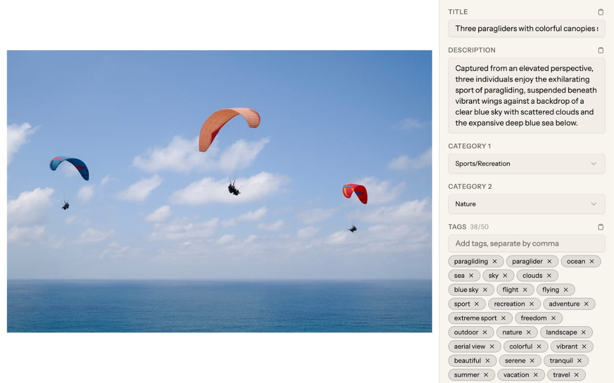 Screenshot: Shutterstock contributor upload interface showing the title, description, and keyword fields with character counts visible