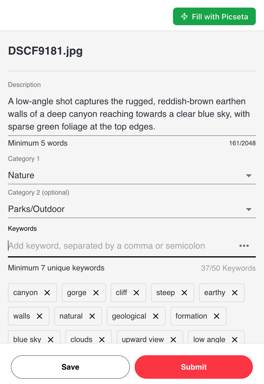 Screenshot of the Shutterstock contributor submission form at submit.shutterstock.com with the Picseta Chrome extension panel open alongside it. The extension panel shows the matched photo by filename with its generated metadata. A single Autofill button is highlighted, and after clicking, the title, description, category fields, and all keywords are filled in the Shutterstock form.
