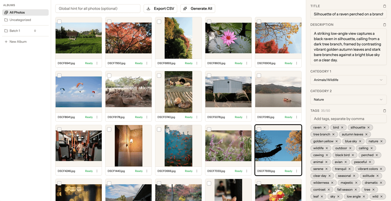 Screenshot of the metadata detail panel for a single photo. Shows the photo thumbnail on the left, and on the right: an editable title field, a multi-line description text area, a keyword tag list with individual remove buttons, Shutterstock category dropdowns (category 1 and 2), submission type selector (Commercial / Editorial), and an image type selector (Photo / Illustration). A Copy button is visible for each field.