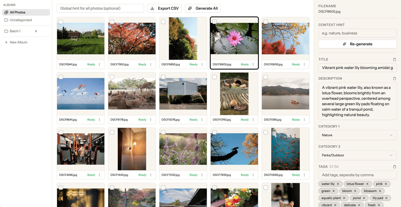 Screenshot of the /photos page showing a responsive grid of uploaded stock photos. Each card displays the photo thumbnail, filename, and a badge showing whether metadata has been generated. Checkboxes in the top-left corner of each card allow bulk selection for batch generation or deletion.