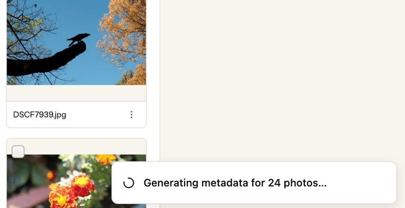 Screenshot of the photos library with the "Generate all" button highlighted and several photo cards showing a loading spinner while AI metadata is being generated in real time