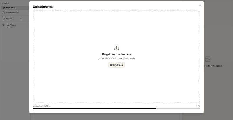 Screenshot of the Picseta upload area showing a drag-and-drop zone with multiple JPEG files being dropped, and a progress indicator showing photos being processed
